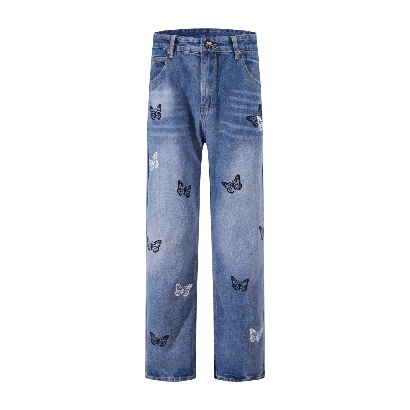 P240 Style number: H72 Croxin & 𝐂𝐡𝐫𝐨𝐦𝐞 𝐇𝐞𝐚𝐫𝐭 ss25 blue butterfly print jeans. Styles with different wash textures are very friendly to people with thin legs. The slightly flared version perfectly modifies the leg shape. The timeless and moderate length makes it easy to match and match. It is the basis for various styles and is a must-have in your wardrobe! The fabric is stiff but also makes the upper body soft without losing texture. The washing process is even more perfect. It is a must-have item for everyone! ! ! Washed wheat, hang tag, pants label, three labels complete Color: blue Size: 30-32-34-36